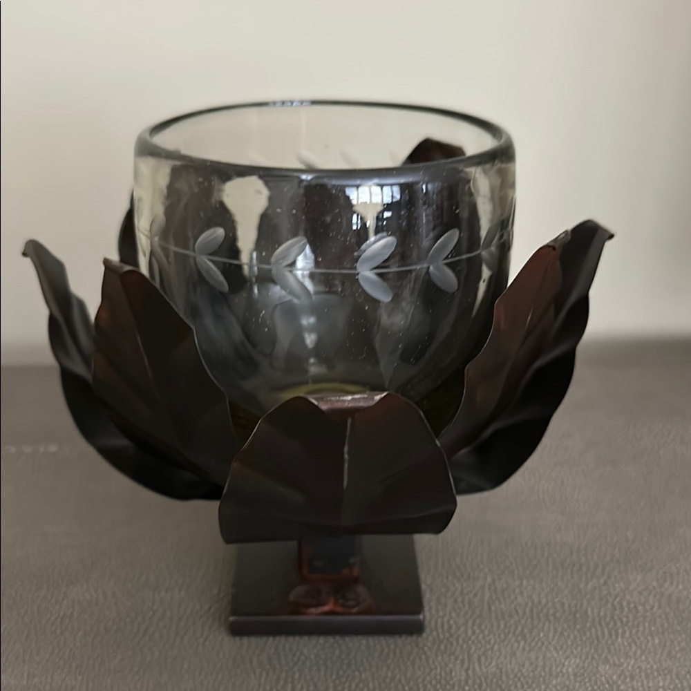 Jan Barboglio Glass Candle Holder/ Serving bowl with Metal Petal Base